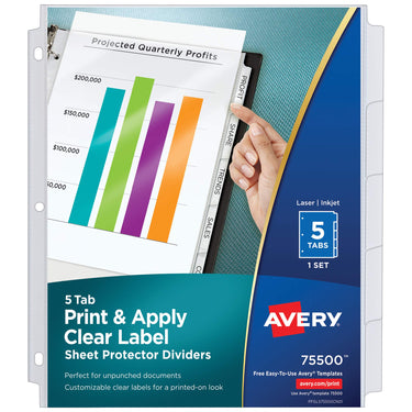 Avery 5-Tab Sheet Protector Dividers, Easy Print & Apply Clear Labels, Index Maker, White Tabs, 1 Set (75500)